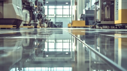 Wall Mural - A detailed view of a floor tile production line with automated machines cutting, shaping, and processing tiles, set in a clean, modern factory environment.