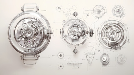 Wall Mural - Exploded view of mechanical watch parts a detailed examination of precision timekeeping mechanisms and components. Chronos. Illustration