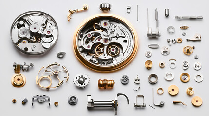 Wall Mural - Exploded view of mechanical watch parts a detailed examination of precision timekeeping mechanisms and components. Chronos. Illustration