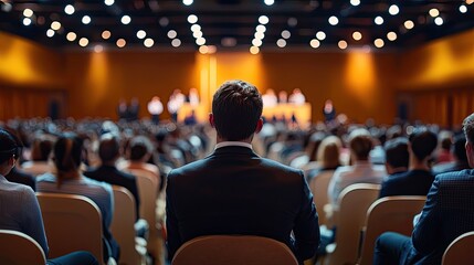 Poster - An engaging seminar on consumer trends with a diverse audience, featuring a speaker at the front, providing insights and answers amidst a well-lit venue with a dynamic at