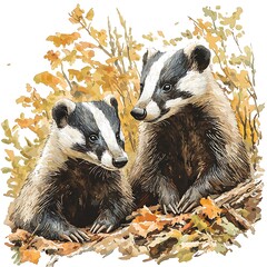 Canvas Print - Two Adorable Badger Cubs Huddled Together Amidst Autumnal Foliage.