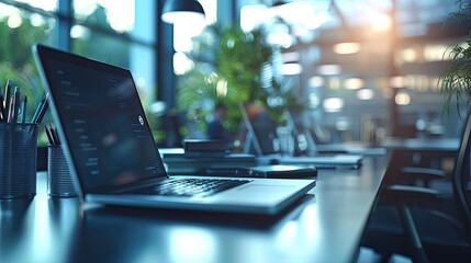 Leinwandbilder - A modern workspace with branding elements displayed prominently, as professionals work on laptops, creating an inspiring and professional environment for collaboration.