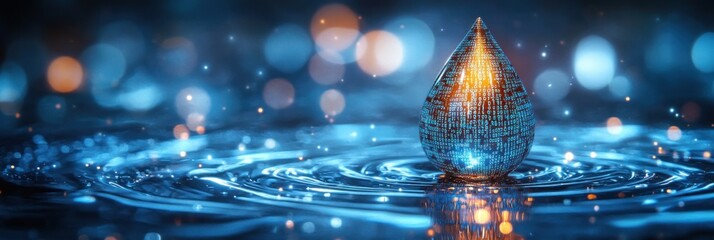 Poster - Digital Blue Water Drop Icon with Binary Code for Environmental Monitoring and AI in Resource Management