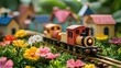 © kwanchaift - An intricate wooden toy train navigating through a charming miniature village, with colorful houses and cheerful flowers surrounding it.