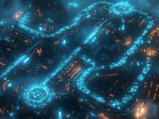 Aufkleber - A futuristic, illuminated cityscape featuring intricate roadways and glowing structures.