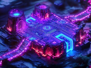 Poster - A vibrant, futuristic cityscape with glowing circuits and neon lights.