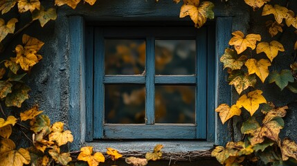 Canvas Print - Autumn Leaves Frame a Rustic Blue Window