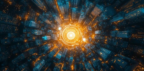 Poster - A vibrant, abstract representation of a cityscape with swirling lights and energy.