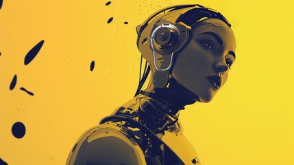 Aufkleber - A stunning futuristic humanoid robot with a sleek metallic design, detailed facial features, and a bold yellow background. Ideal for tech, AI, or sci-fi themes. AI generated.