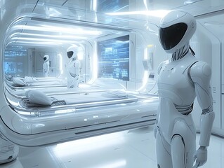 Poster - Futuristic medical facility with humanoid robots in a sleek, sterile environment.