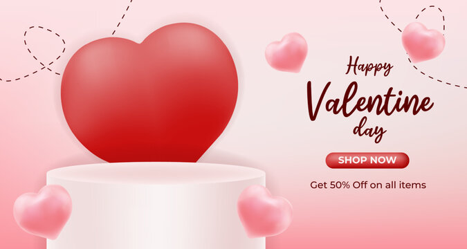 Valentine's Day podium design with Elegant red heart, romantic vibes, and 50% off on all items. events, promotions, banner or product displays 