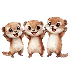 Canvas Print - Three Adorable Cartoon Otters Standing and Smiling, Watercolor Illustration.