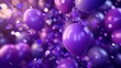 © WITTAYA  ANGMUJCHA - A stunning 3D purple balloon party background with realistic violet balloons, greeting confetti, and an elegant anniversary banner design, perfect for an elegant celebration invitation.