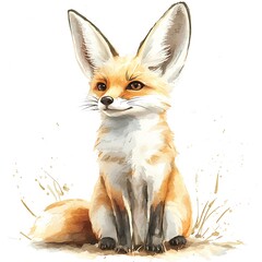 Canvas Print - Watercolor Painting of an Adorable Fennec Fox Sitting in the Grass.