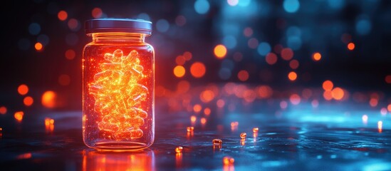 Wall Mural - glowing capsules in a glass jar on a dark reflective surface with bokeh lights.