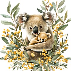 Canvas Print - Watercolor Painting of a Mother Koala and Joey Surrounded by Eucalyptus Leaves and Yellow Flowers.