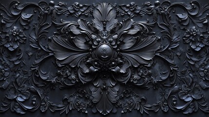 Poster - Ornate black relief featuring floral and symmetrical designs.