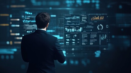 Poster - Businessman Analyzing Data on Futuristic Digital Interface with Charts, Graphs, and Statistics in Modern Office Environment for Professional Use