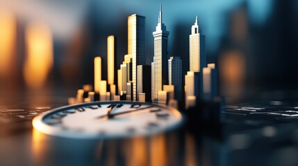 Poster - Urban Landscape with Clock Overlay, Symbolizing Time, Growth and Change in Modern City Life, Emphasizing Business and Progress in Urban Setting