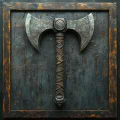 Wall Mural - A decorative double-headed axe mounted on a textured background.