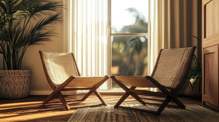 A serene corner of a living room with a large window, displaying two handmade wooden chairs in warm tones.