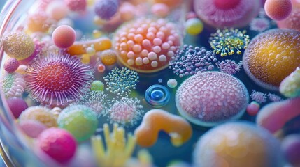 Poster - A close-up image depicting a colorful petri dish filled with various types of bacteria, showcasing their vibrant colonies in detail.