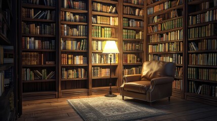 Poster - An inviting reading nook with dark wooden bookshelves brimming with classic novels, while a comfortable armchair sits nearby, bathed in soft, warm light.