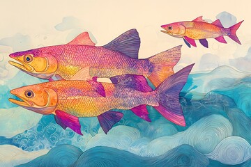 Wall Mural - Artistic Illustration of Three Colorful Fish Swimming in Abstract Ocean Waves.