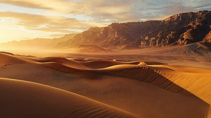 Wall Mural - Golden sunlight over desert dunes and rocky mountain landscape