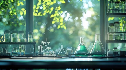 Poster - A serene laboratory setting with glassware and petri dishes, where microorganisms are being studied, surrounded by lush greenery outside the window.