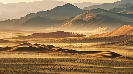 Wall Mural - Golden sunlight over desert dunes and rocky mountain landscape
