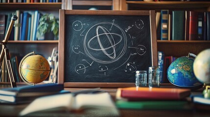 Poster - A close-up view of a hand-drawn diagram showing the laws of motion on a chalkboard, surrounded by colorful physics books and a globe, set in a cozy study environment.