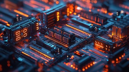 Poster - An aerial view of a data center with rows of servers and a focus on cybersecurity measures, depicted in sleek metallic tones with dynamic lighting effects.