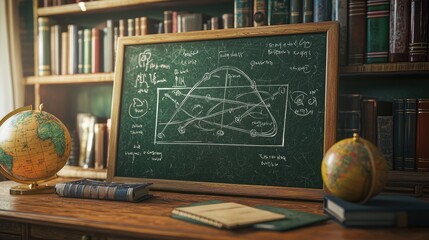 Poster - A close-up view of a hand-drawn diagram showing the laws of motion on a chalkboard, surrounded by colorful physics books and a globe, set in a cozy study environment.