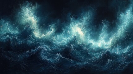 Aufkleber - Ethereal Turbulent Ocean Abstract Expressionism with Deep Emerald and Sapphire Hues and Dramatic Glowing Light