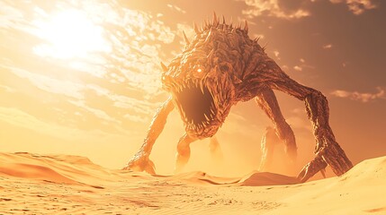 A monster with a huge mouth and sharp teeth is standing in a desert