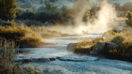Poster - A serene landscape demonstrating the effects of thermodynamics in nature, with a flowing river and steam rising from a hot spring, highlighted by soft morning light.