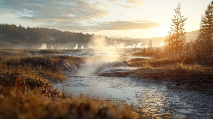 Poster - A serene landscape demonstrating the effects of thermodynamics in nature, with a flowing river and steam rising from a hot spring, highlighted by soft morning light.