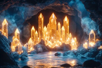 Aufkleber - A luminous crystal cave filled with glowing formations and tranquil waters.