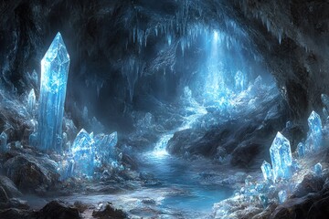 Aufkleber - A serene cave filled with luminous blue crystals, reflecting light and creating a magical atmosphere.