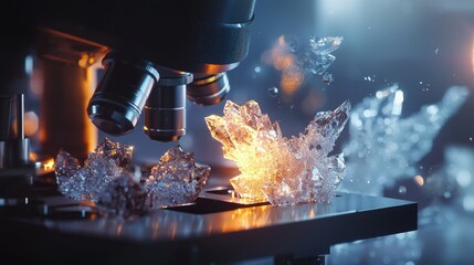 Poster - A captivating visual of a crystalline structure being analyzed under a microscope, revealing intricate details and reflections in a dimly lit lab.