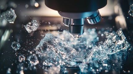 Poster - A captivating visual of a crystalline structure being analyzed under a microscope, revealing intricate details and reflections in a dimly lit lab.