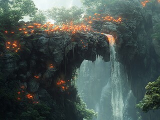 Poster - A mystical landscape featuring a waterfall cascading over a rocky arch adorned with glowing plants.