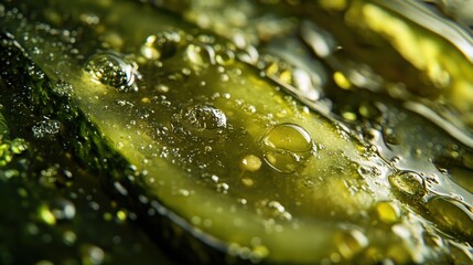 Wall Mural - Close-up of glistening cucumber slices submerged in oil. Perfect for beauty, health, or food-related projects.