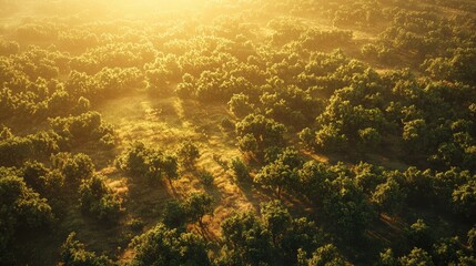 Poster - An aerial view of a lush forest transitioning into a barren land illustrates the impacts of deforestation and climate change, with golden sunlight filtering through the t