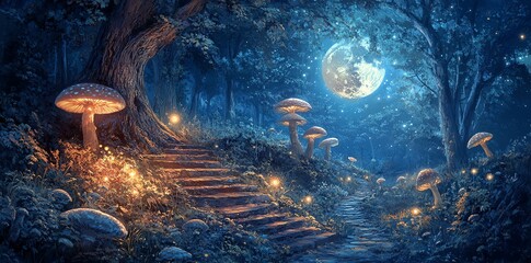 Poster - A mystical forest scene illuminated by a full moon and glowing mushrooms.