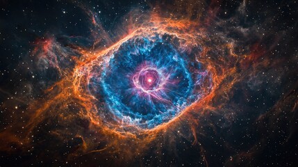 Poster - A sprawling view of a colorful stellar formation in a dark, expansive space, showcasing vibrant hues of blue, pink, and orange swirling together gracefully.