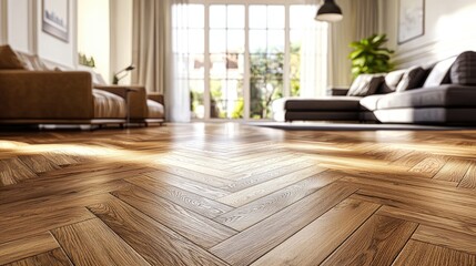 Poster - A cozy living room showcases beautifully laid parquet flooring, with warm wooden tones and contemporary furniture arranged.