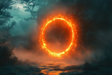Aufkleber - A glowing, fiery portal surrounded by mist and trees in a mystical landscape.