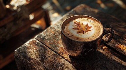 Wall Mural - A freshly brewed cappuccino sits on a rustic wooden table, topped with a delicate foam art resembling a leaf. The warm colors and cozy atmosphere invite relaxation.